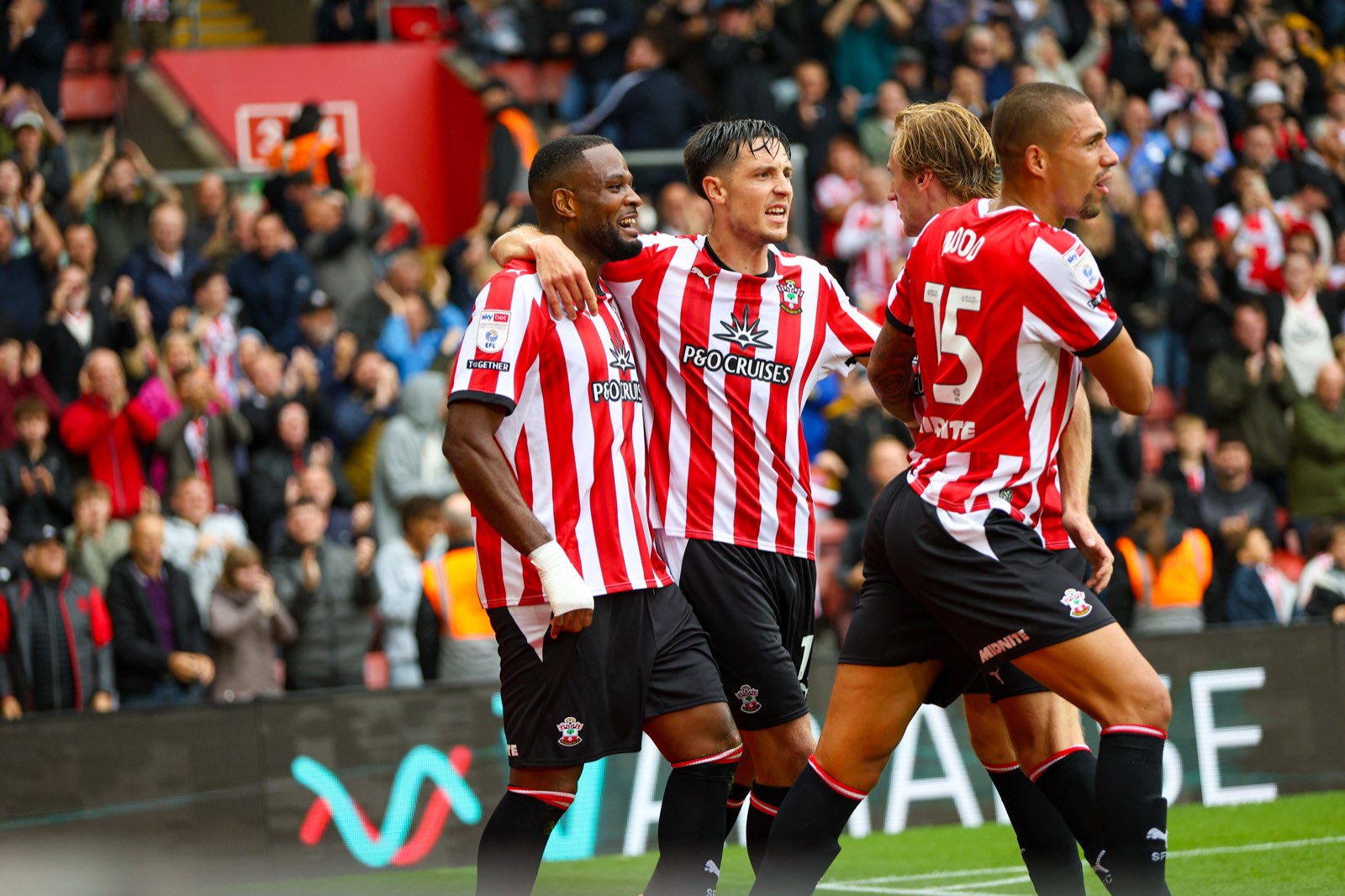 Southampton players celebrating a goal in front of the VARIANSE board at St Mary's